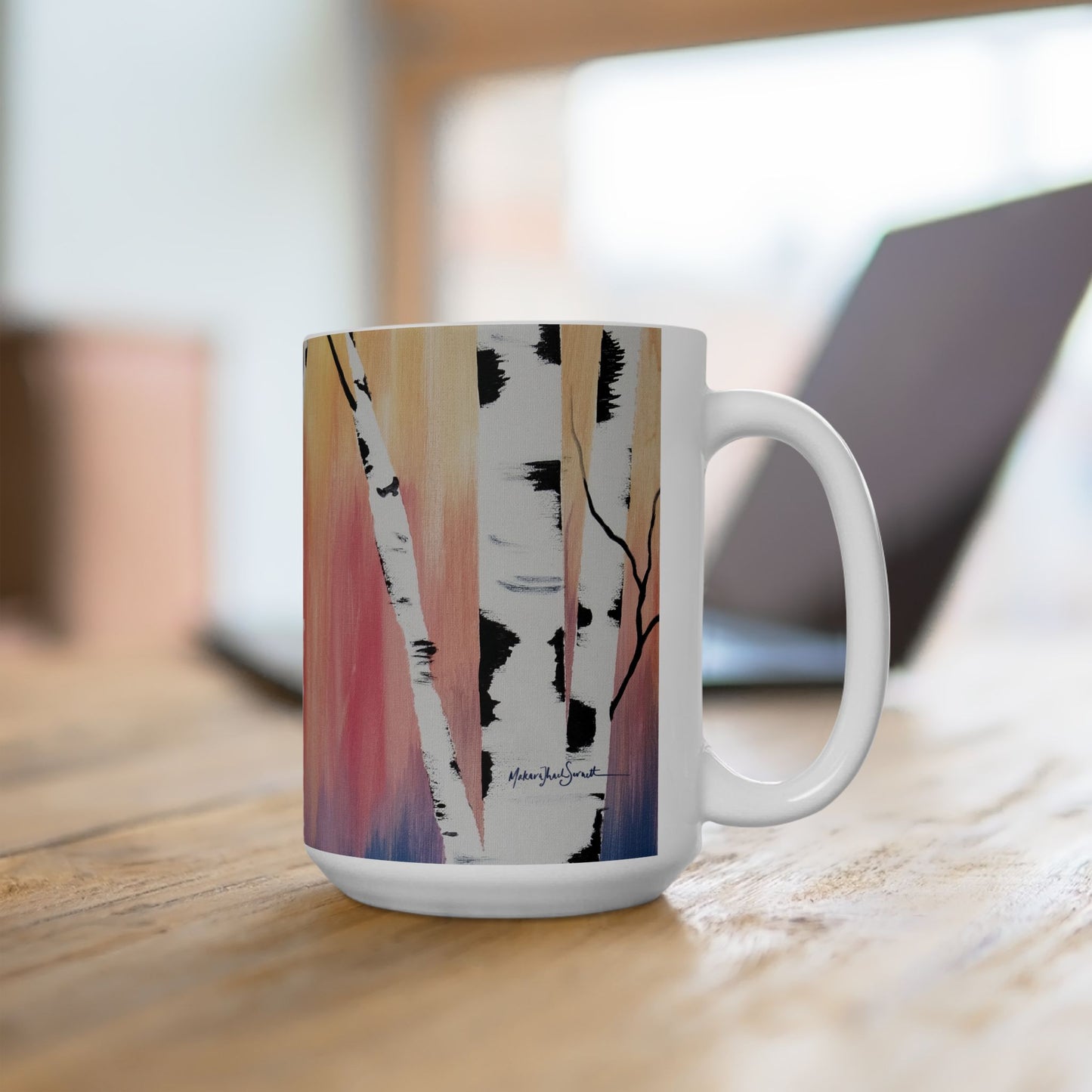 Vibrant Birch Ceramic Mug - Yellow Coral Blue Sky with Birch Trees - Perfect for Nature Lovers & Gift Ideas