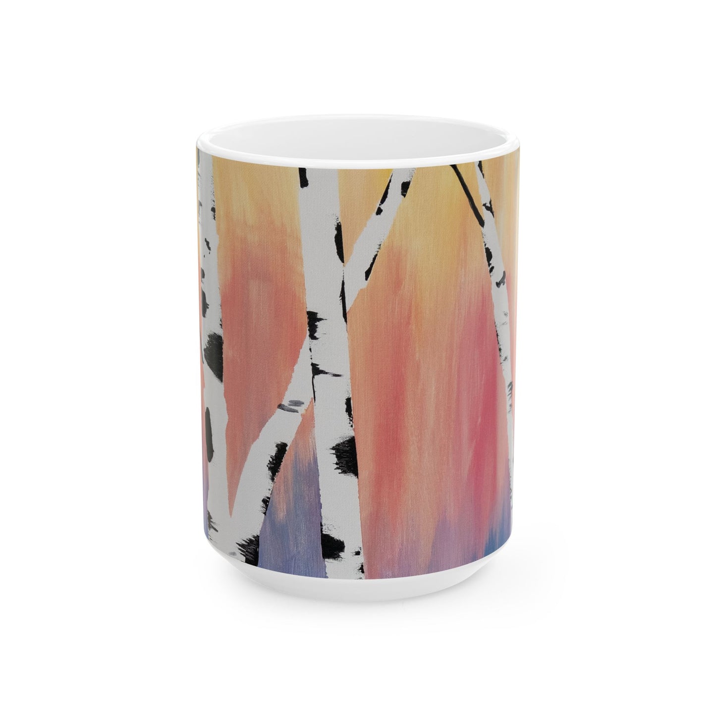 Vibrant Birch Ceramic Mug - Yellow Coral Blue Sky with Birch Trees - Perfect for Nature Lovers & Gift Ideas