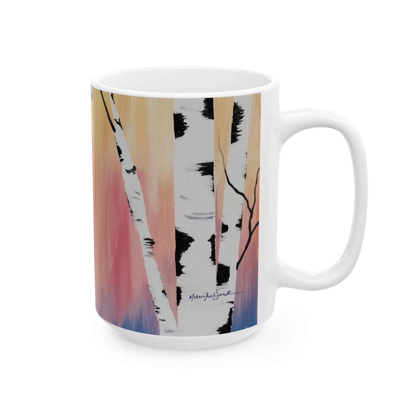 Vibrant Birch Ceramic Mug - Yellow Coral Blue Sky with Birch Trees - Perfect for Nature Lovers & Gift Ideas