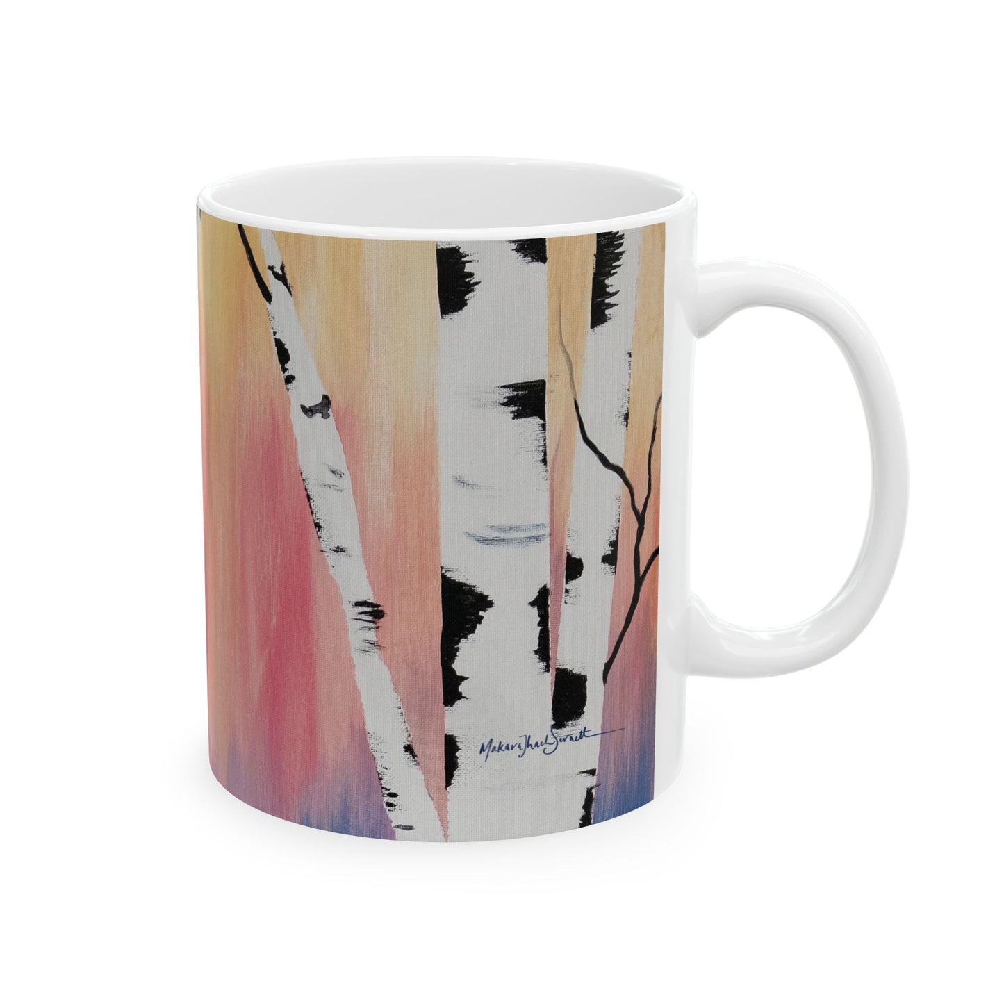 Vibrant Birch Ceramic Mug - Yellow Coral Blue Sky with Birch Trees - Perfect for Nature Lovers & Gift Ideas