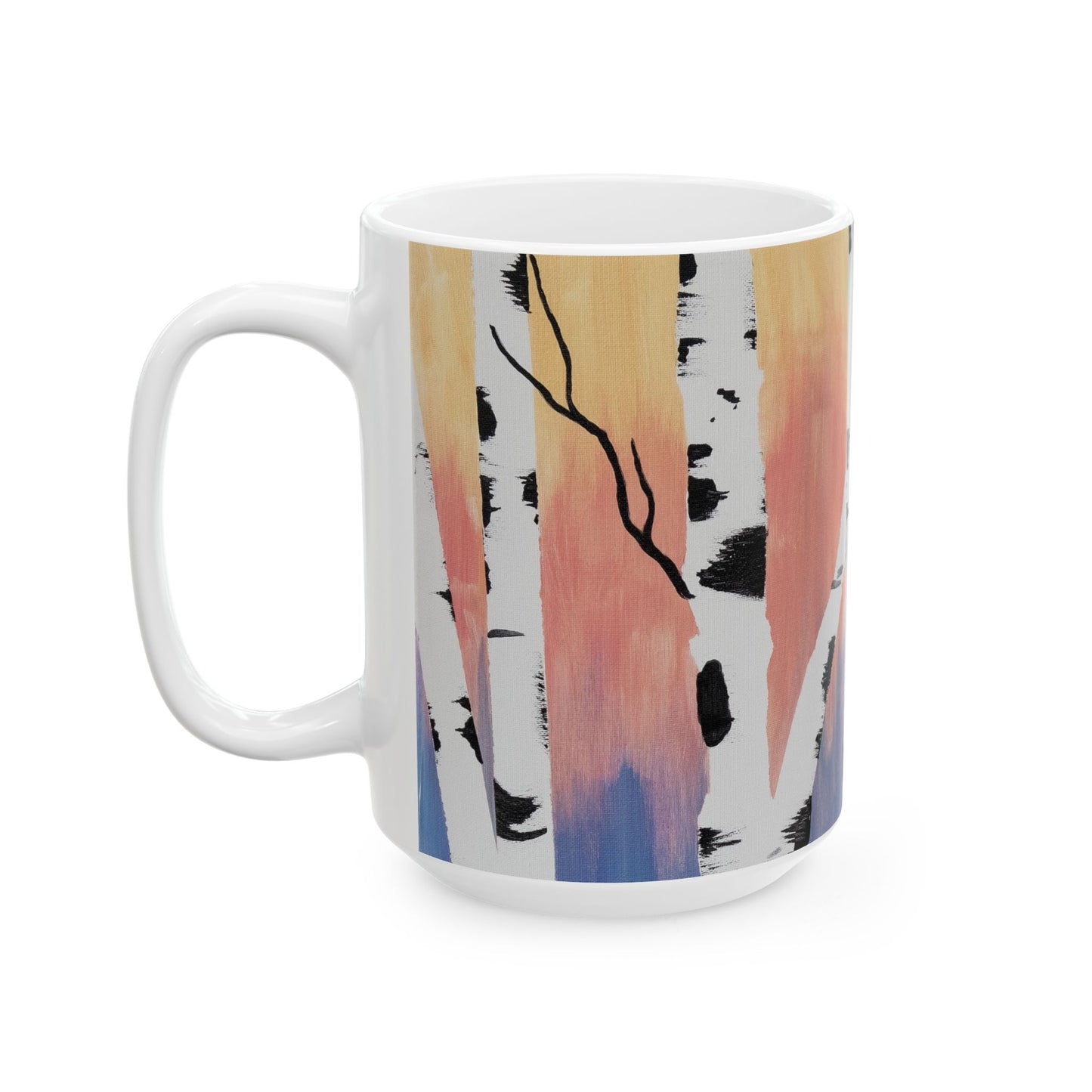 Vibrant Birch Ceramic Mug - Yellow Coral Blue Sky with Birch Trees - Perfect for Nature Lovers & Gift Ideas