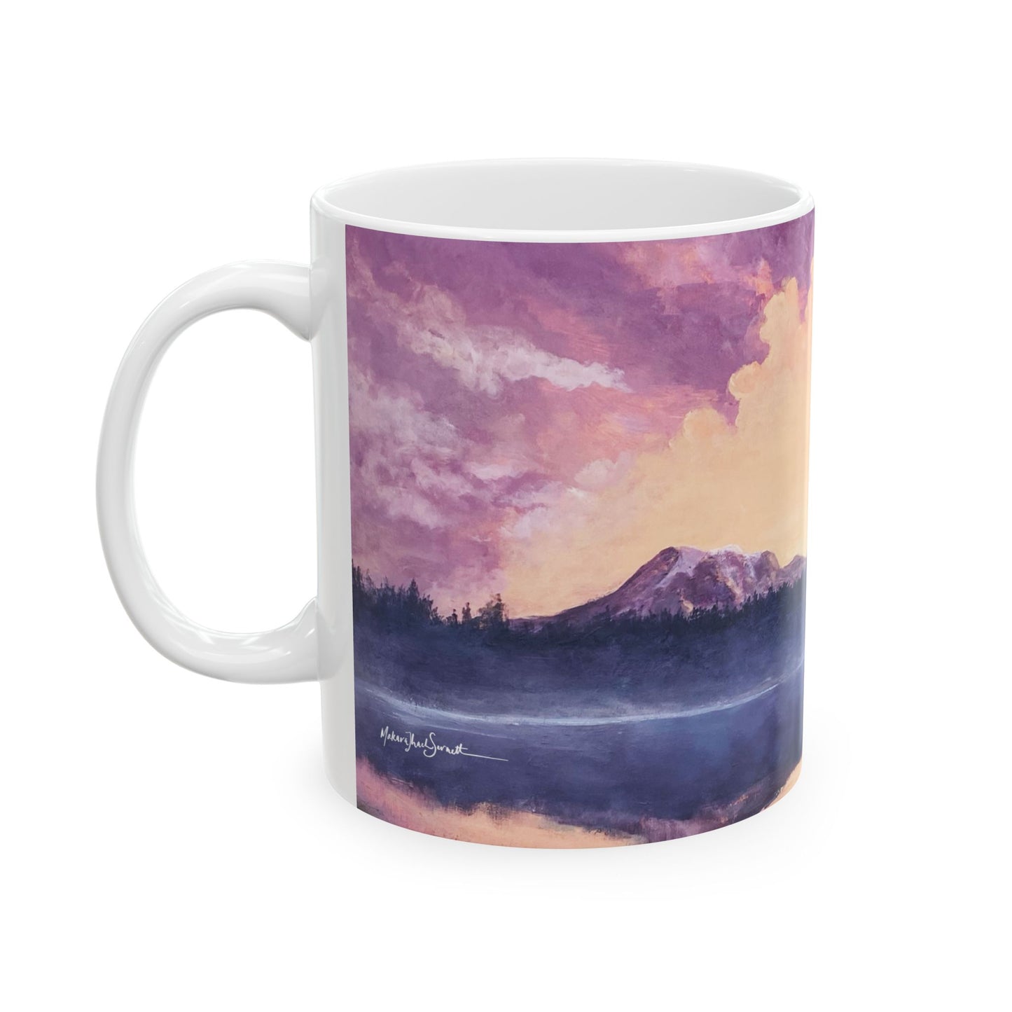 Embracing Mt. Rainier Ceramic Mug - Purple Mountain & Coral Sunset - Perfect for Nature Lovers & Gift Ideas