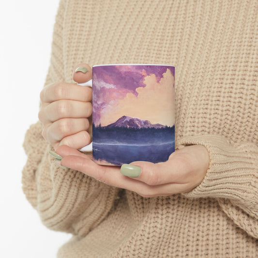 Embracing Mt. Rainier Ceramic Mug - Purple Mountain & Coral Sunset - Perfect for Nature Lovers & Gift Ideas
