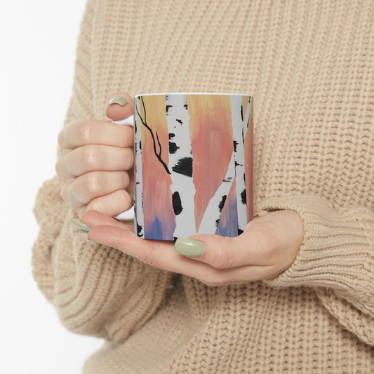 Vibrant Birch Ceramic Mug - Yellow Coral Blue Sky with Birch Trees - Perfect for Nature Lovers & Gift Ideas