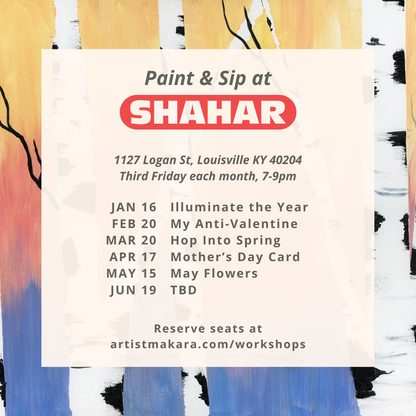 Promotional flyer for Paint & Sip at SHAHAR with event details and abstract art background.