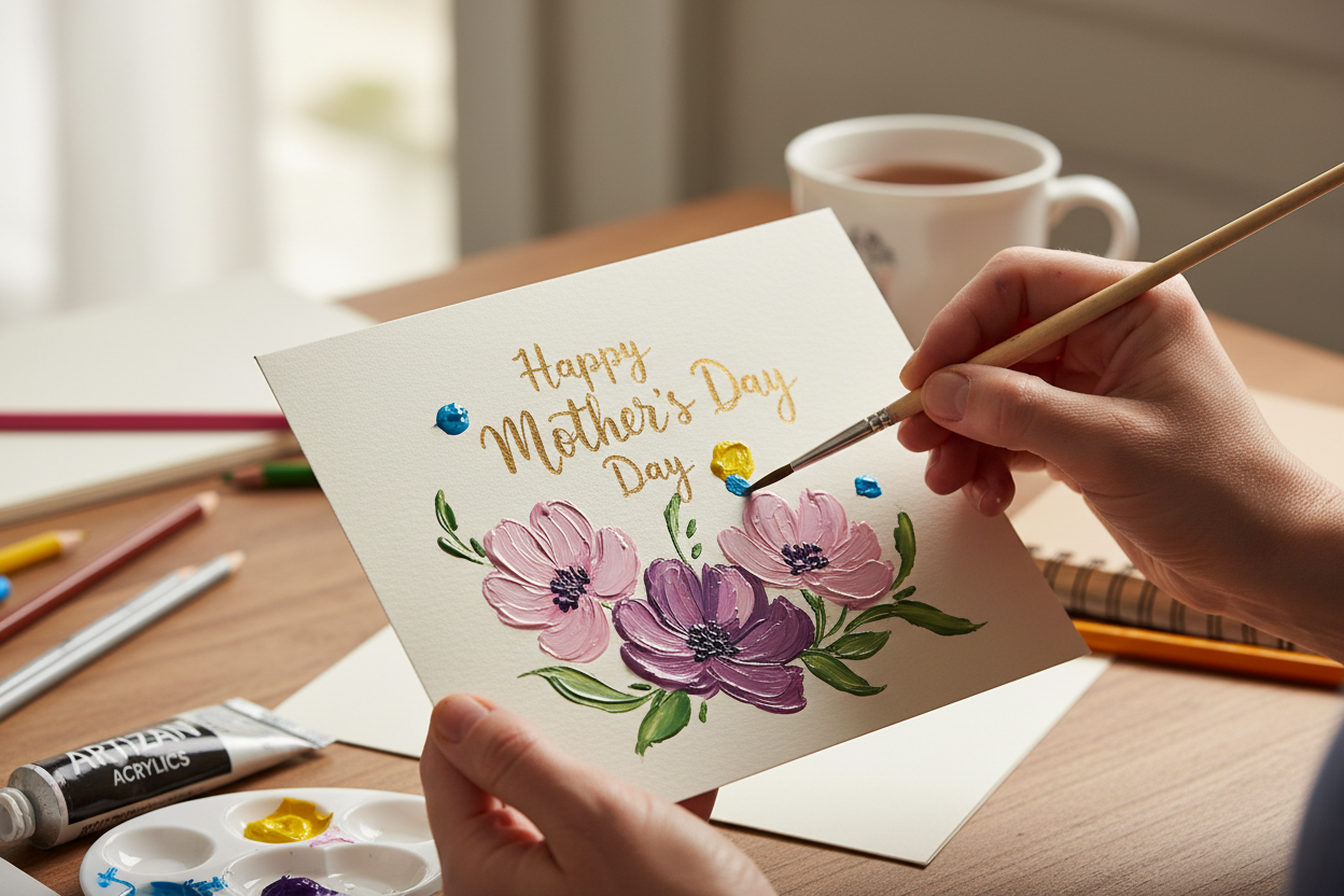 close up view of a hand painting acrylic paint on a greeting card for mothers day
