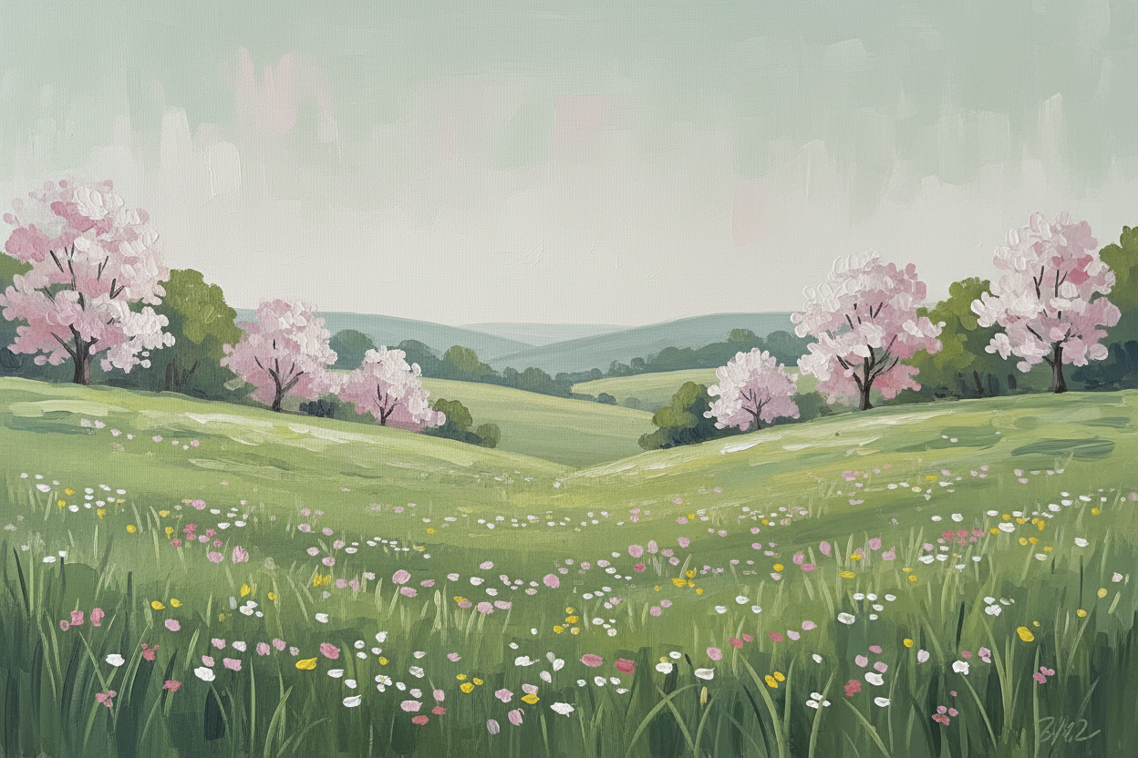 Landscape with pink cherry blossom trees and a green field with flowers