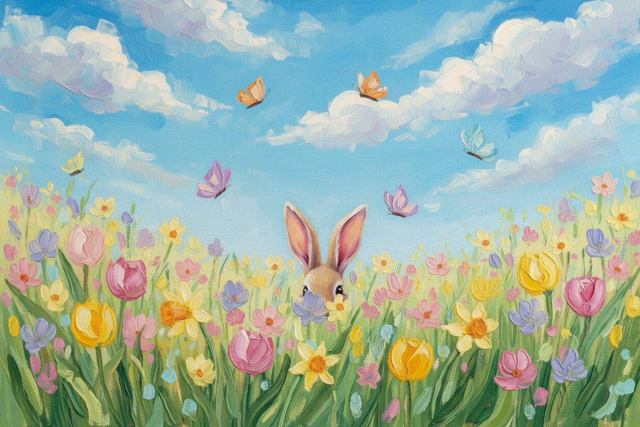 make the bunny hiding in the flowers. only the years and top of its head is visible