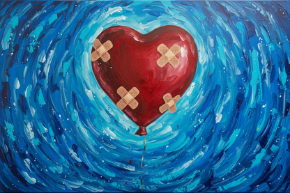 Heart-shaped balloon with band-aids on a blue swirling background