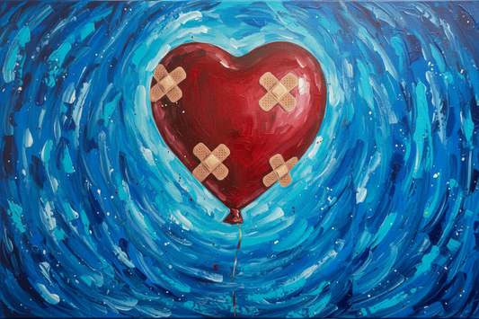 Heart-shaped balloon with band-aids on a blue swirling background